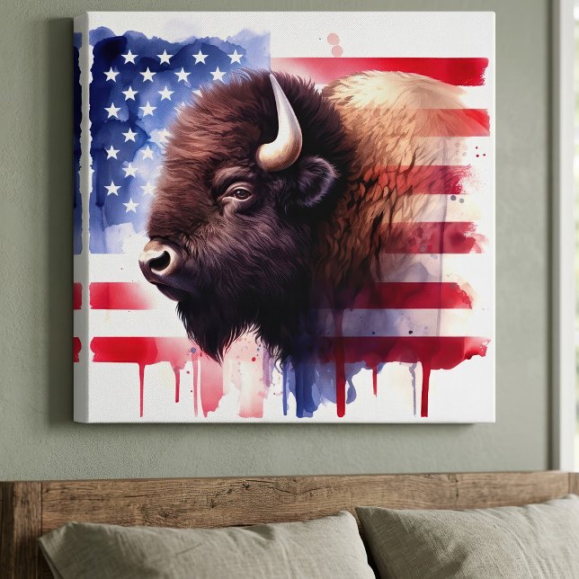 Bison mit USA-Flagge Leinwanddruck (Majestic American Bison & Patriotic Flag Artwork. Canvas Print)