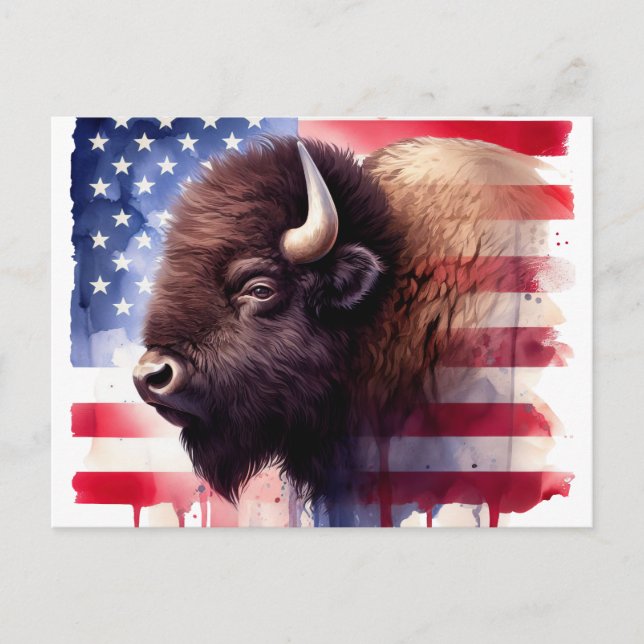 Bison mit USA-Flagge Postkarte (Vorderseite)