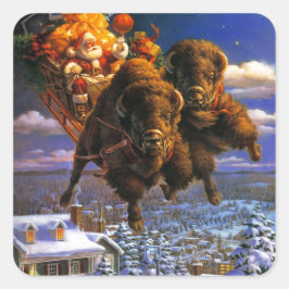 Bison Pulling Santa Claus Quadratischer Aufkleber