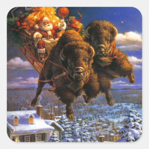Bison Pulling Santa Claus Quadratischer Aufkleber