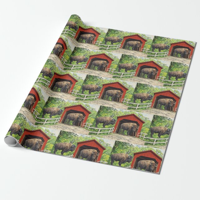 Bison Red Covered Bridge Geschenkpapier (Ungerollt)