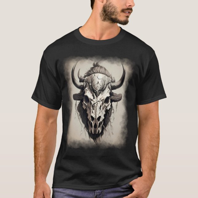 Bison Schädel Kopf Büffel boho Stil Tatto gothisch T-Shirt (Vorderseite)