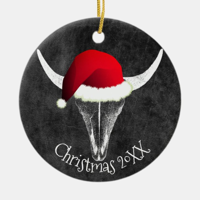 Bison Skull mit Weihnachtsmannmütze Weihnachts-Ker Keramik Ornament (Vorne)