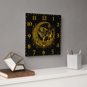 Bison Stehend in einem floralen Halbmond-Design Quadratische Wanduhr