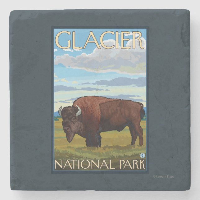 Bison-Szene - Glacier Nationalpark, M.Ü. Steinuntersetzer (Vorderseite)