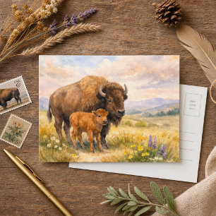 Bison-Wasserfarbe-Grasland-Natur-Wildtiere Postkarte