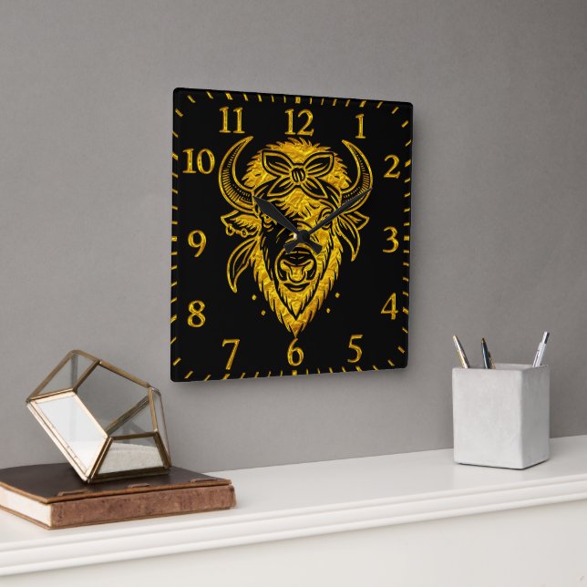 Bison with Bandana in Graphic Style Artwork Quadratische Wanduhr (Büro)