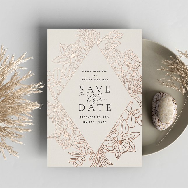 Bisque | Floral Diamond Foil Save the Date Card Folieneinladung (Von Creator hochgeladen)
