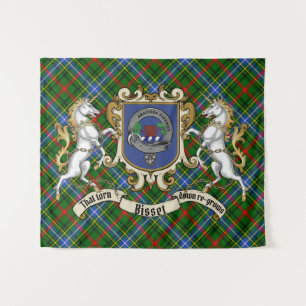 Bisset-Clan-Abzeichen & Einhörner mit Tartan Wandteppich
