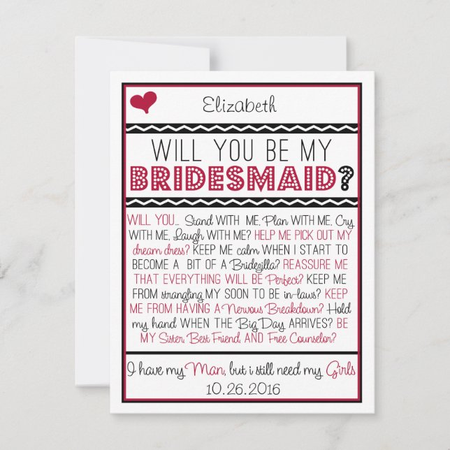 Bist du meine Bridesmaid? Rot-/Schwarz-Collage-Kar Einladung (Vorderseite)