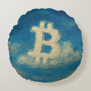 Bitcoin Blaue Himmel (Öl, Stil: 3) Rundes Kissen