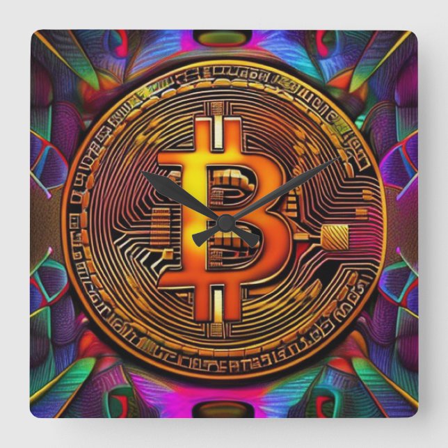 Bitcoin BTC Kryptowährung Art Quadratische Wanduhr (Vorderseite)