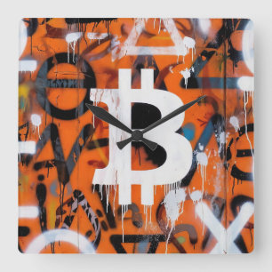 "Bitcoin Graffiti" (Stil #2) Street Art Quadratische Wanduhr
