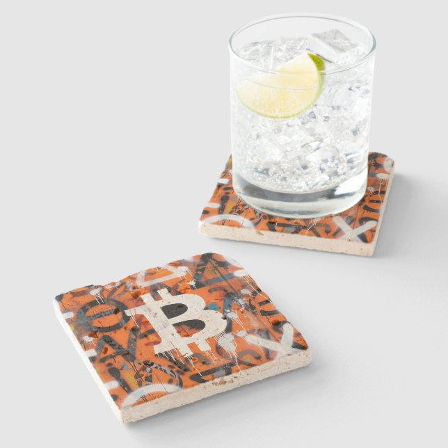"Bitcoin Graffiti" (Stil #2) Street Art Steinuntersetzer (Seitenansicht)