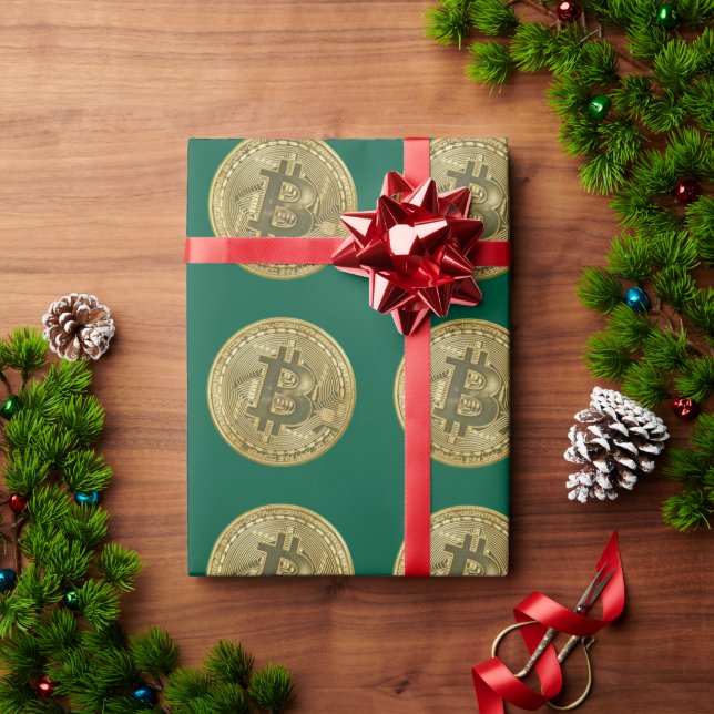 Bitcoin Green Wrapping Paper Geschenkpapier (Feiertagsgeschenk)