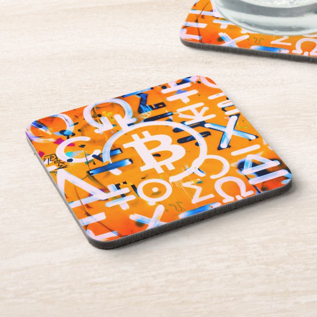 Bitcoin-Straßenkunst (Orange Malerei Nr. 3) Getränkeuntersetzer (Linke Seite)