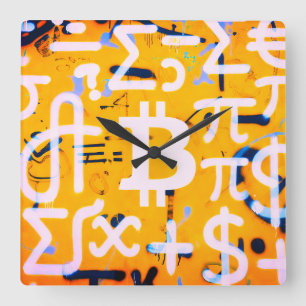 Bitcoin-Straßenkunst (Orange Malerei Nr. 4) Quadratische Wanduhr