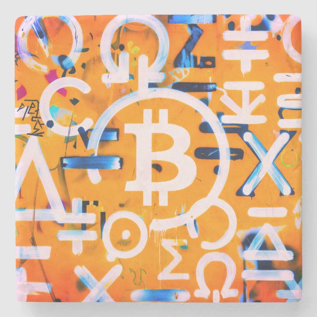 Bitcoin-Straßenkunst (Oranges Gemälde Nr. 3) Steinuntersetzer (Vorderseite)