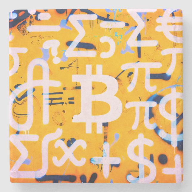 Bitcoin-Straßenkunst (Oranges Gemälde Nr. 4) Steinuntersetzer (Vorderseite)