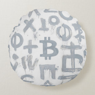 Bitcoin-Straßenkunst (Weißes Gemälde Nr. 4) Rundes Kissen