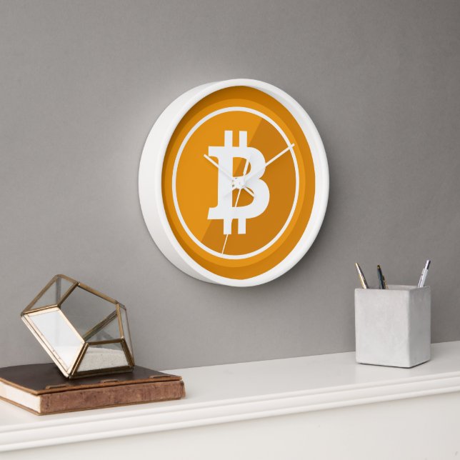 Bitcoin-Symbol in orange und weiß - Kryptowährung Uhr (Büro)