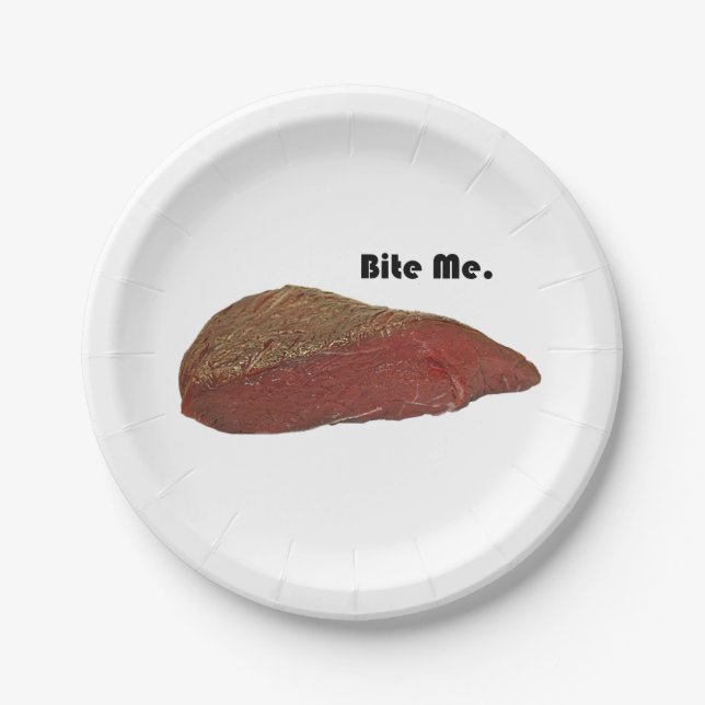 Bite Me Funny Steak Beef Pun Joke Pappteller (Vorderseite)