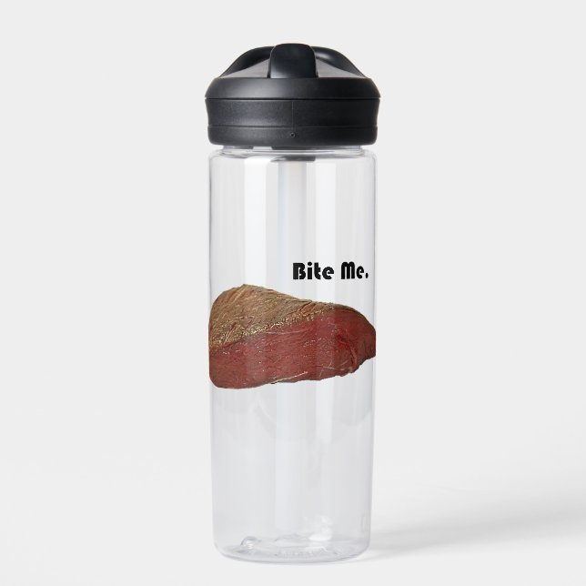 Bite Me Funny Steak Beef Pun Joke Trinkflasche (Vorderseite)