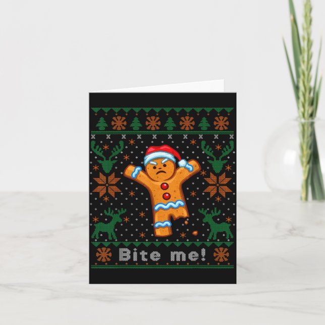 Bite Me Gingerbread Man - Funny Ugly Christmas Swe Karte (Vorderseite)