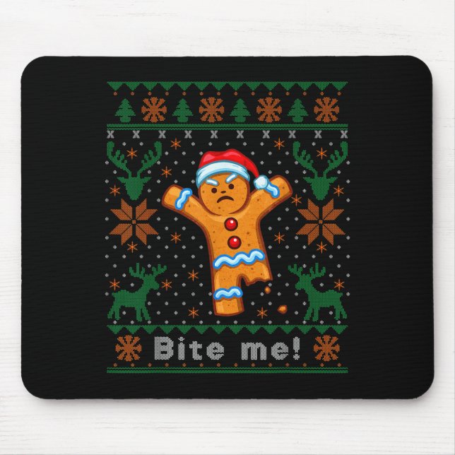 Bite Me Gingerbread Man - Funny Ugly Christmas Swe Mousepad (Vorne)