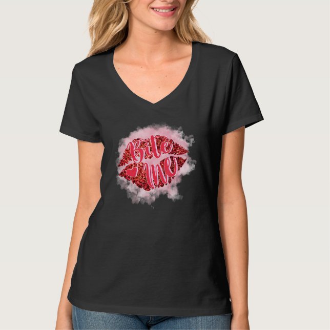 Bite me Leopard Lippen Herzstück Liebe Matching Pa T-Shirt (Vorderseite)