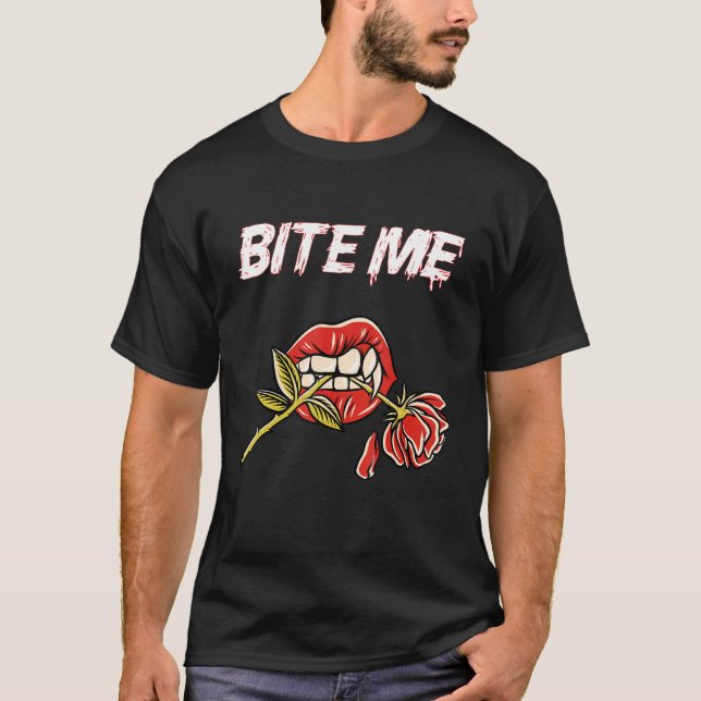 Bite mir Vampir Zähne mit Rose T-Shirt (Vorderseite)