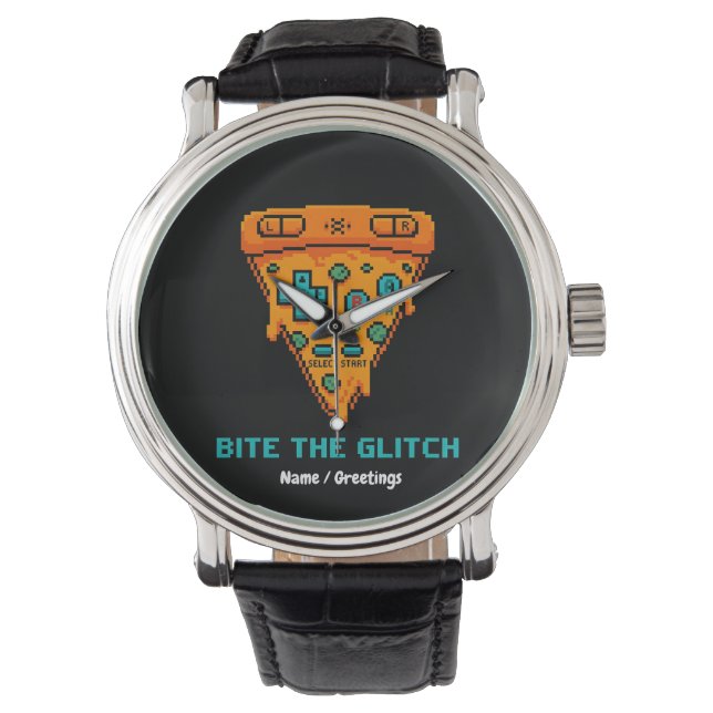 Bite the Glitch Retro 8-Bit Pixel Pizza Gamer Armbanduhr (Vorderseite)