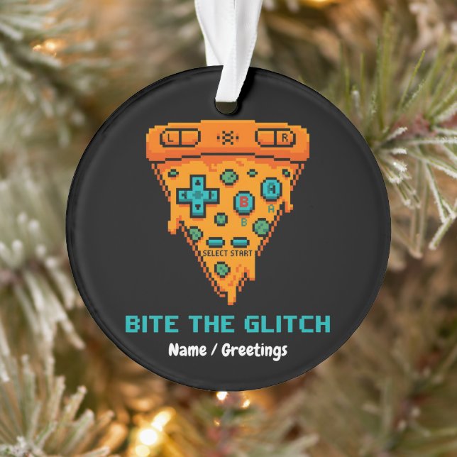 Bite the Glitch Retro 8-Bit Pixel Pizza Gamer Ornament (Baum)