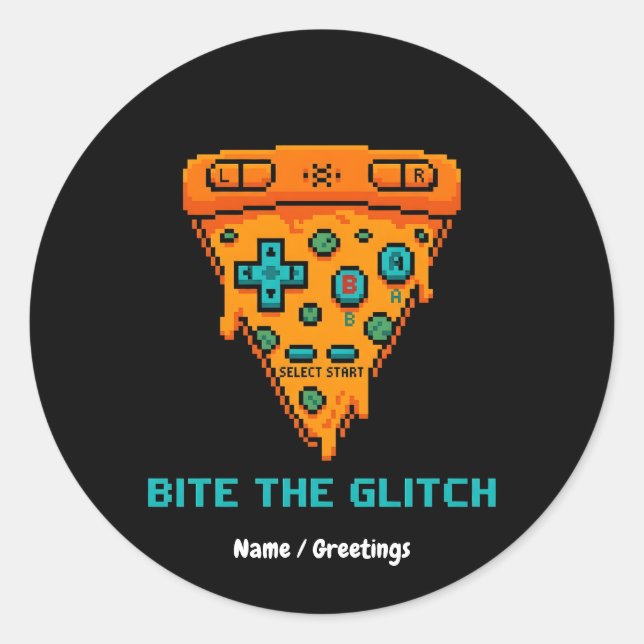 Bite the Glitch Retro 8-Bit Pixel Pizza Gamer Runder Aufkleber (Vorderseite)