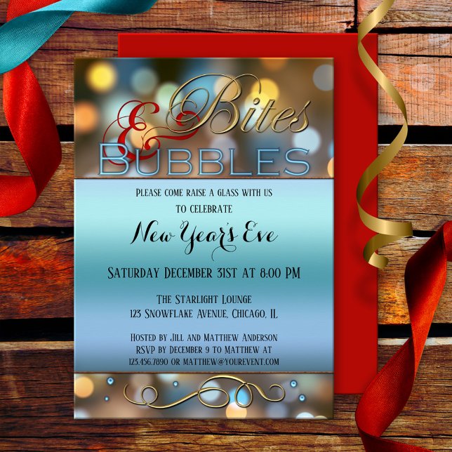 Bites Bubbles Funkelnd Neujahrswoche Party Einladu Einladung ( New Year's Eve party invitation showing a sparkly festive design with a blue shiny text background)