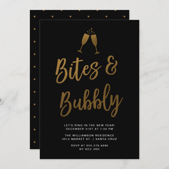 Bites & Bubbly | Gold Script New Year Party Einladung (Vorne/Hinten)