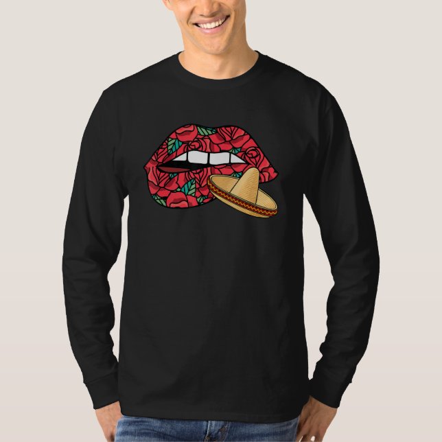Biting Lips Dia de los Muertos Mexican Sombrero Da T-Shirt (Vorderseite)