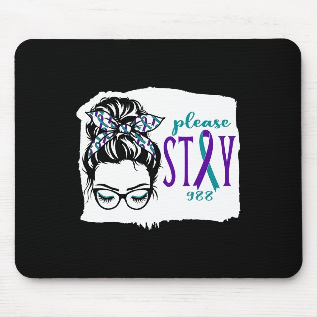 Bitte Bleibe Suicide Awareness 988 Messy Bun Aquam Mousepad (Vorne)