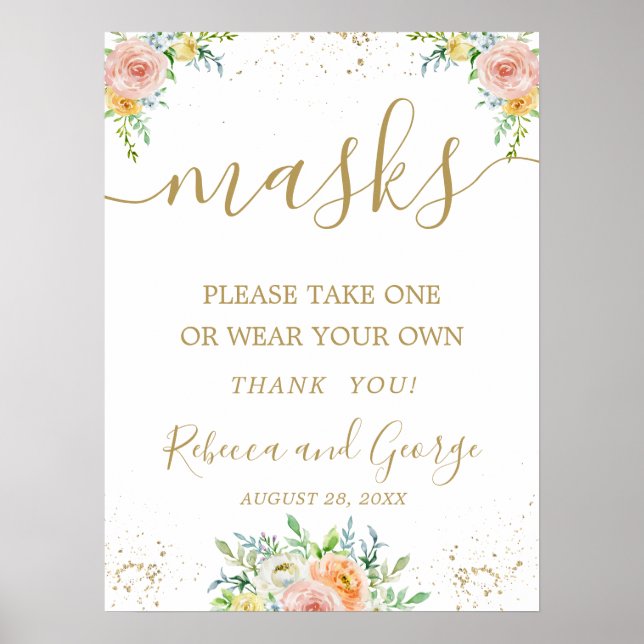 Bitte nehmen Sie eine Maske Hochzeitsschild floral Poster (Vorne)