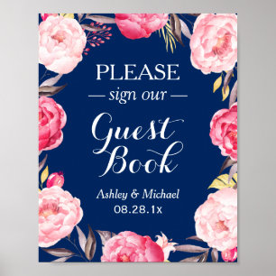 Bitte unterschreiben Sie Guestbook Navy Blue Flora Poster