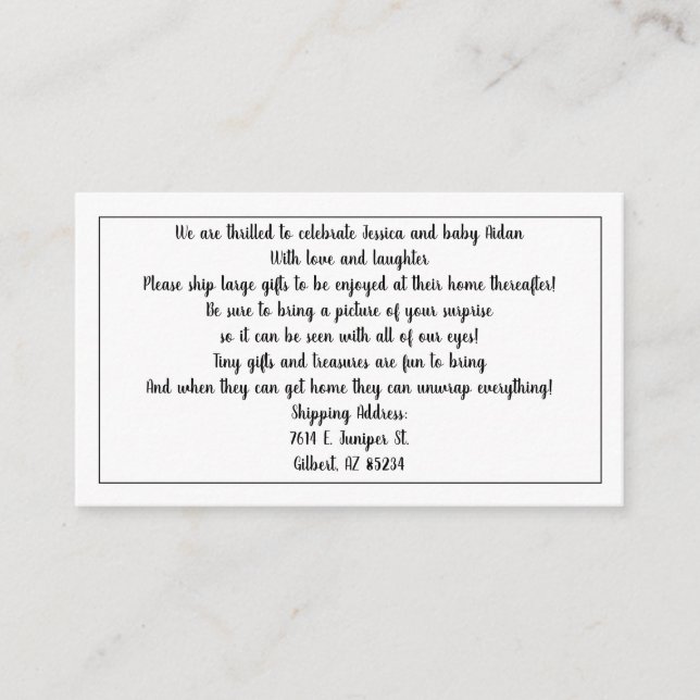 Bitte verschicken Sie Geschenke für Babyduschenkar Begleitkarte (Vorderseite)