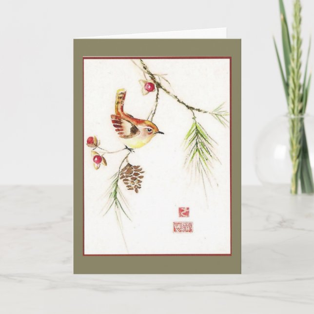Bittersüß--Carolina-Zaunkönig. Feiertagskarte (Vorderseite)