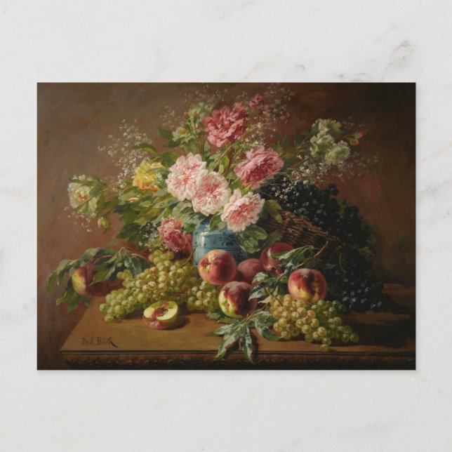 Biva Still Life mit Blume Peaches und Trauben Postkarte (Vorderseite)