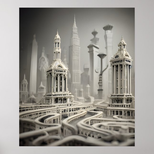 Bizarre Abstrakt Grau monochromatisch Surreal City Poster (Vorne)