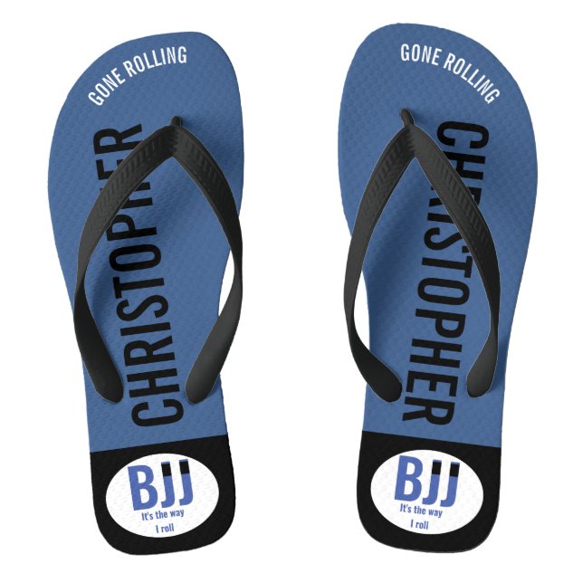 BJJ Blue Belt Gone Rolling Fügen Sie Ihren Namen J Flip Flops (Fußbett)