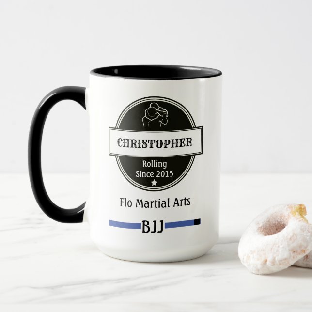 BJJ Jiu Jitsu Choke Blue Belt Name Club and Date Tasse (Mit Donut)