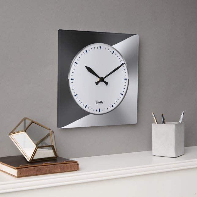 Bla & Silver Modernes geometrisches Design Larg Quadratische Wanduhr (Büro)