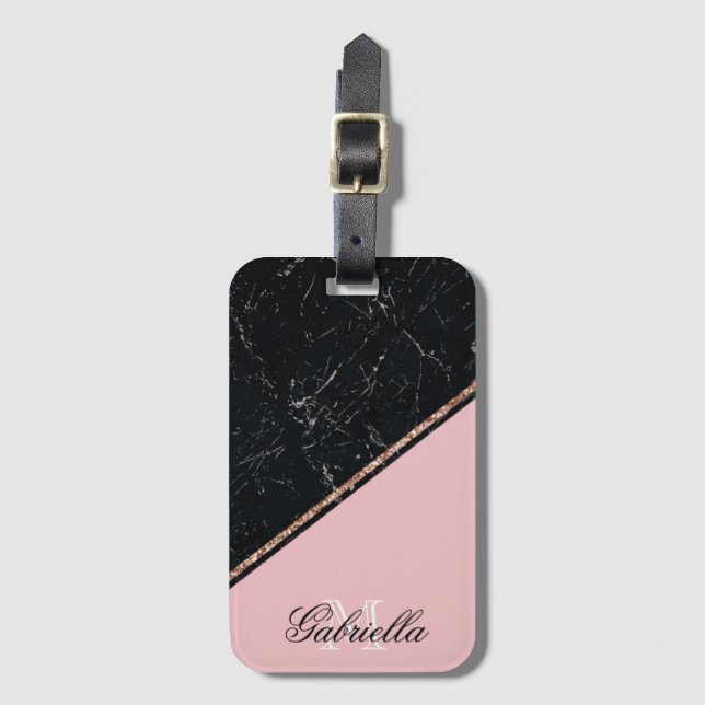 Blac Marble Rose Gold Glitzer Gepäckanhänger (Vorderseite Vertikal)