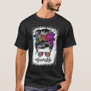 Blached Grams Life Rainbow Leopard Messy Bun T-Shirt
