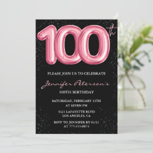 Black 100. Geburtstag Einladungen Balloon Glam Pin